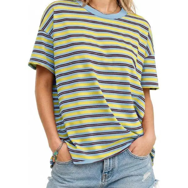Fisoew Lady's Basic Colorful Striped Oversized Jersey T-Shirt - Crew Neck, Drop Shoulder, Short-Sleeve, Comfortable Loose Casual Summer Top,back to school,back to school shopping