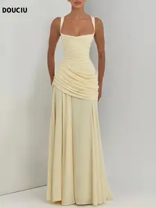 DOUCIU 2026 Spring Summer  Elegant Chic Ruched Chiffon Formal Gown, A-Line Cross Back Spaghetti Strap Prom Dress, Wedding Guest & Bridesmaid Party Outfit