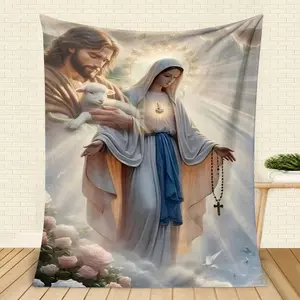 Luxurious Jesus and Virgin Mary Flannel Blanket - Digital Print, Comfortable for All Seasons, Suitable for Sofa, Office, Bed, Camping and Travel - Machine Washable, Perfect Gift for Loved Ones