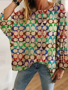 Women's Geometric Pattern Colorblock Knit Top, Casual Elegant Vacation Style, Comfortable Breathable Loose Fit, Spring Summer Fall Fashion, Casual Boho Breathable
