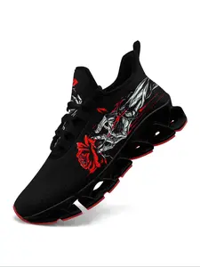 Men's Skull & Rose Print Lace Up Fashionable Running Shoes, Casual Comfortable Breathable Sports Shoes, Male All-match Round Toe Sneakers for Daily Wear