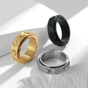 1pc Titanium Steel Men's Rotating Anxiety-Relieving Ring, Alternative Artistic Cosmic Star Retro Star-Shaped Steel Fashion Ring with Sun & Moon Design, Alternative Artistic Rings, Cosmic Star Rings,summerwins
