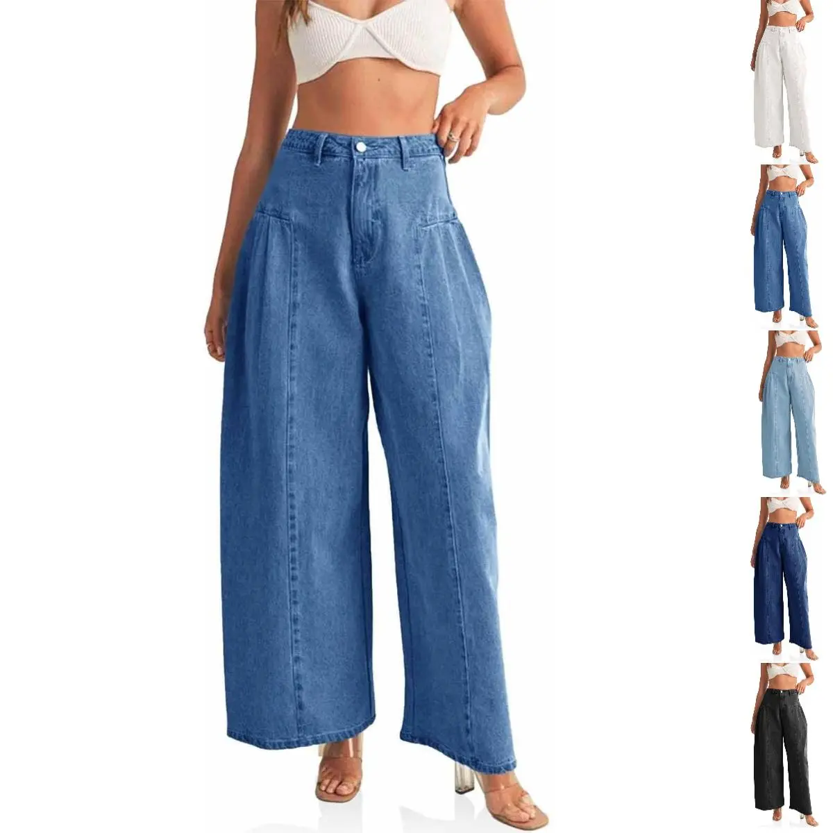 Imily Bela  Womens Baggy High Waisted Jeans Loose Boyfriend Wide Leg Side Pleated Denim Pants