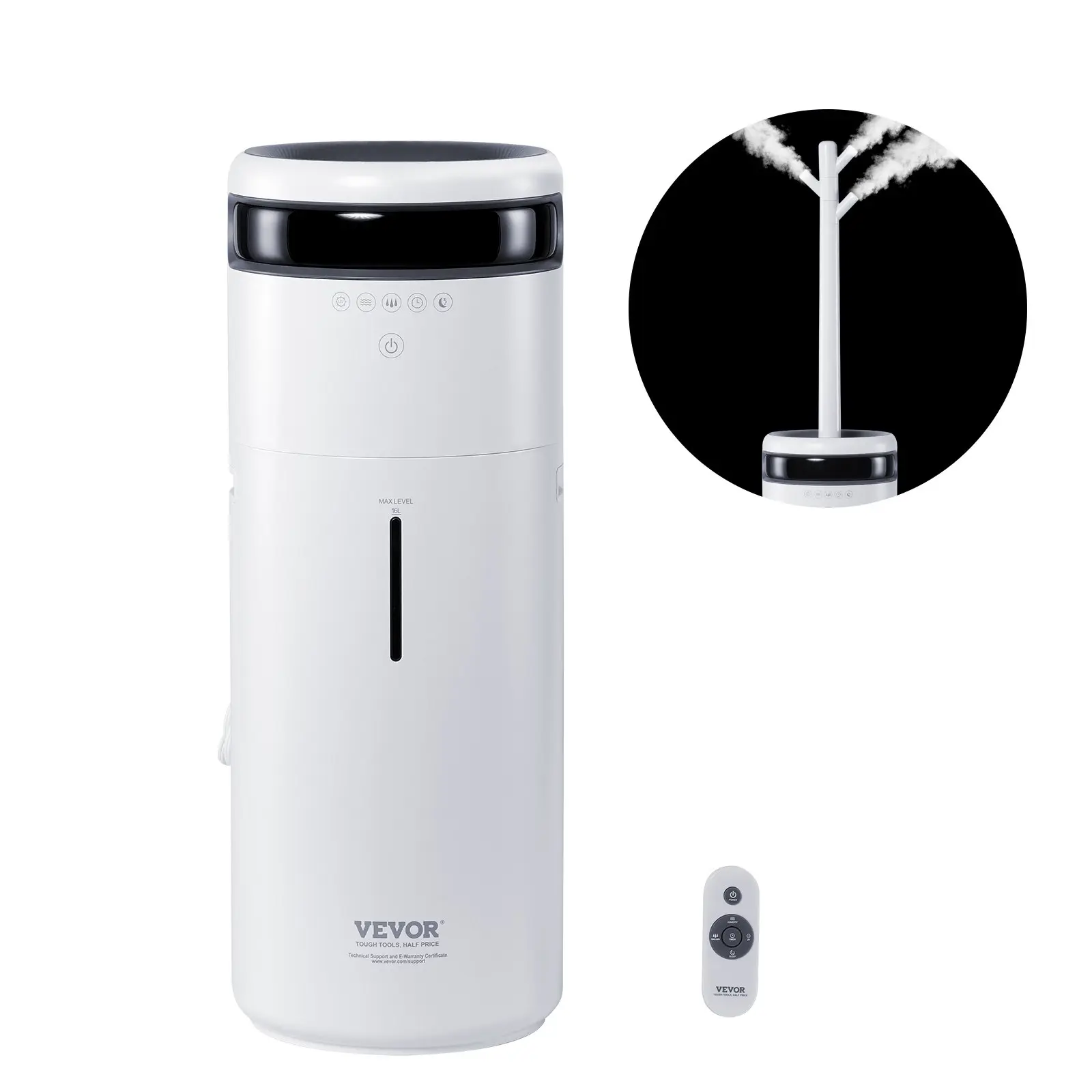 VEVOR 16L Large Room Humidifier, 1291.7 sq ft Whole House/Commercial Unit with Night Light, 12h Timer, Automatic Shut-Off, Visible Water Volume, Greenhouse Branch Tube, 360-Degree Rotatable Head, Light-Up Feature, Auto Shut-Off