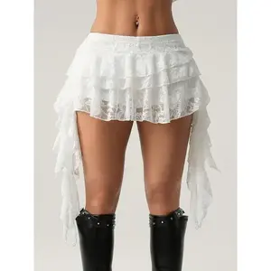 Sexy lace mini skirt paired with safety shorts, low waist holiday style, ruffled edges, anti exposure design, perfect for vacation wear