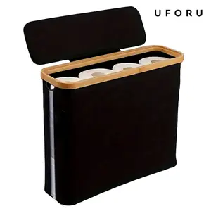 UFORU Large-capacity foldable toilet paper holder with lid, a space-saving bathroom storage solution, Bathroom organizer, no assembly required, durable wooden frame and grey fabric surface, Bathroom supplies#SummerWins#DFYD