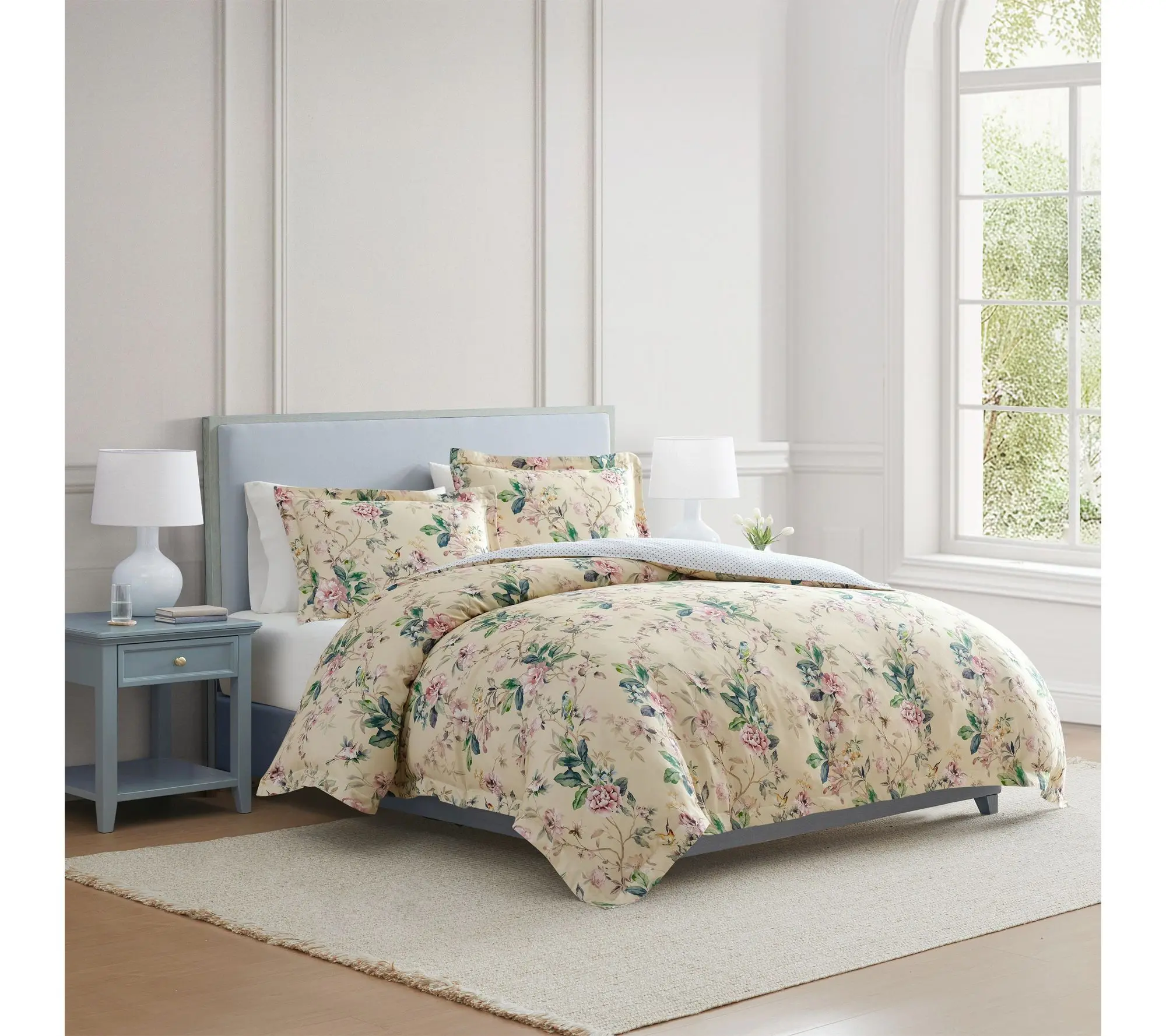 Martha Stewart Songbird Yellow/Pink  Cotton Sateen Queen Duvet