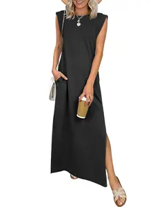 ANRABESS Women Summer Casual Sleeveless Maxi Dress 2026 Crewneck Loose Split Wrinkle-Free Beach Travel Vacation Long Sundress