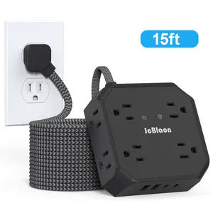 15 Ft Surge Protector Power Strip - 3 Side Outlet Extender with 8 Widely AC Outlets and 4 USB Ports, Flat Plug, Wall Mount Desk USB Charging Station