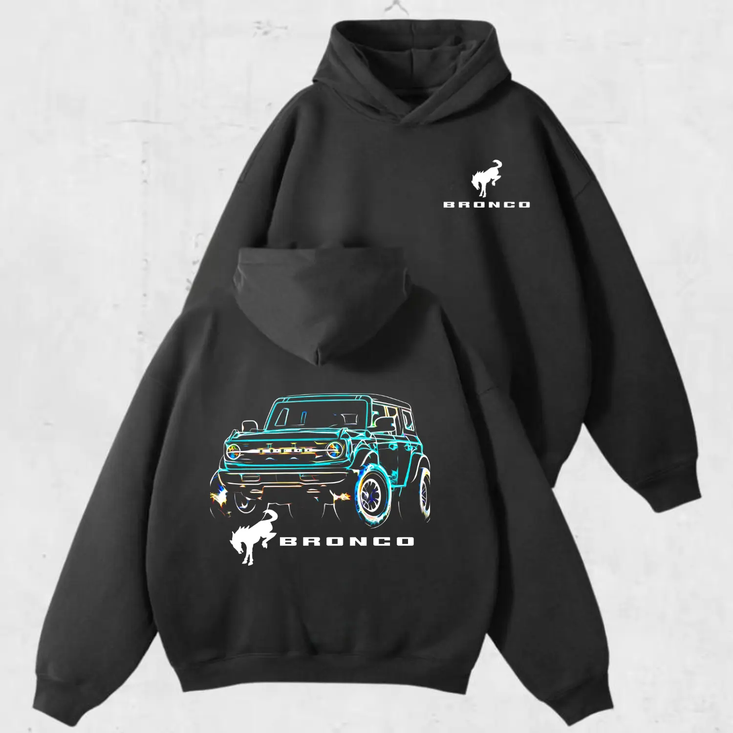 Vintage Ford Bronco Neon Hoodie Vintage Off Road Truck Graphic Pullover for Men Women, Retro Neon Adventure Vehicle Sweatshirt, Car Lover Streetwear Apparel