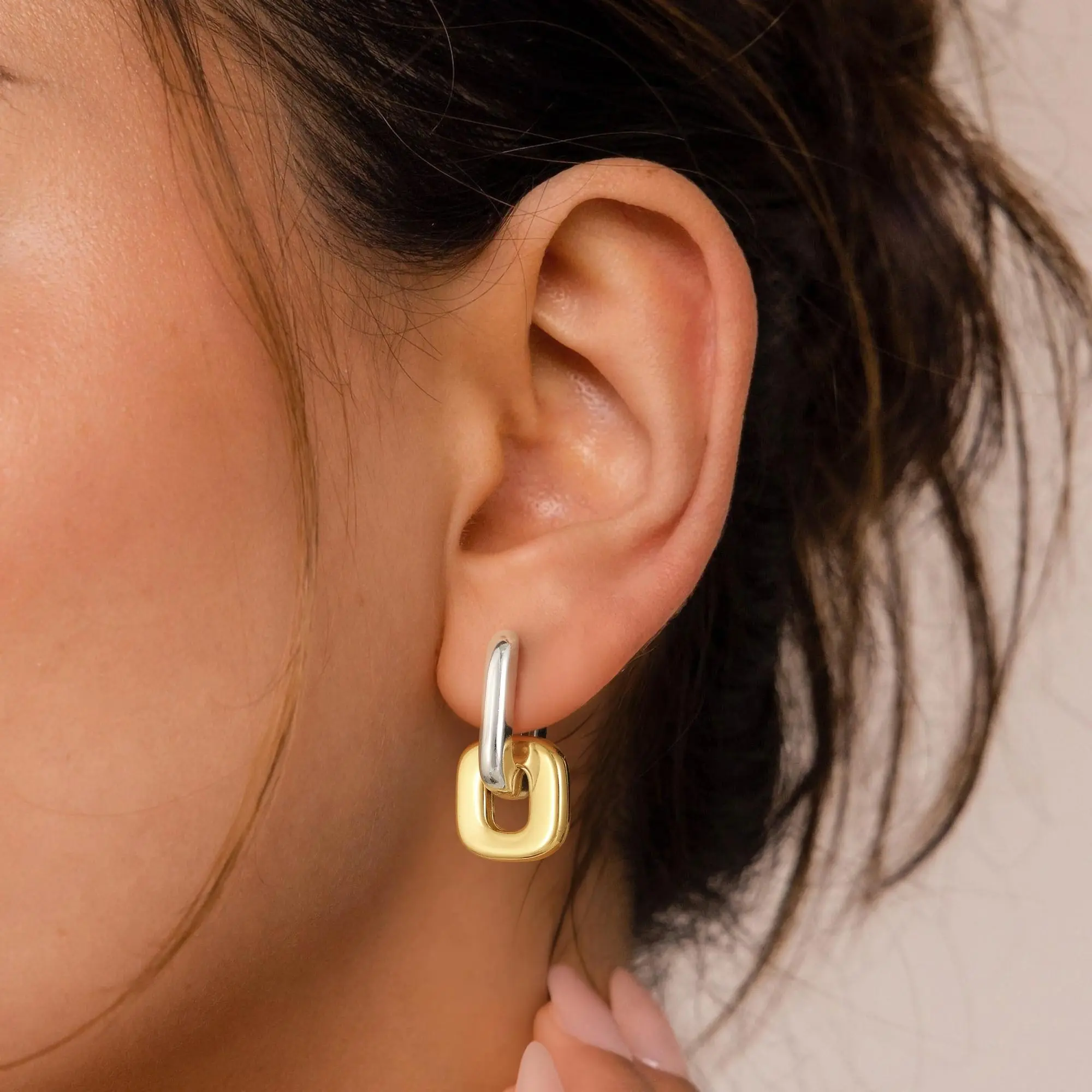 KOPERIN 14K Gold Plated Convertible Paperclip Huggie Hoop Earrings for Women,  earring stacks ,2-Toned Chain Link Drop Dangle Hoops, Cubic Zirconia Inlaid, Hypoallergenic Gold Statement Earrings, Summerwin Fashion Jewelry