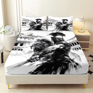 3pcs Spartan Warrior Lion Fitted Sheet Set All Seasons Decorative Mattress Cover Animal Mattress Protector Boho Bedding Set Bedroom Decor for Home Guest Room Decor 1 Fitted Sheet+2 Pillowcases Without Core