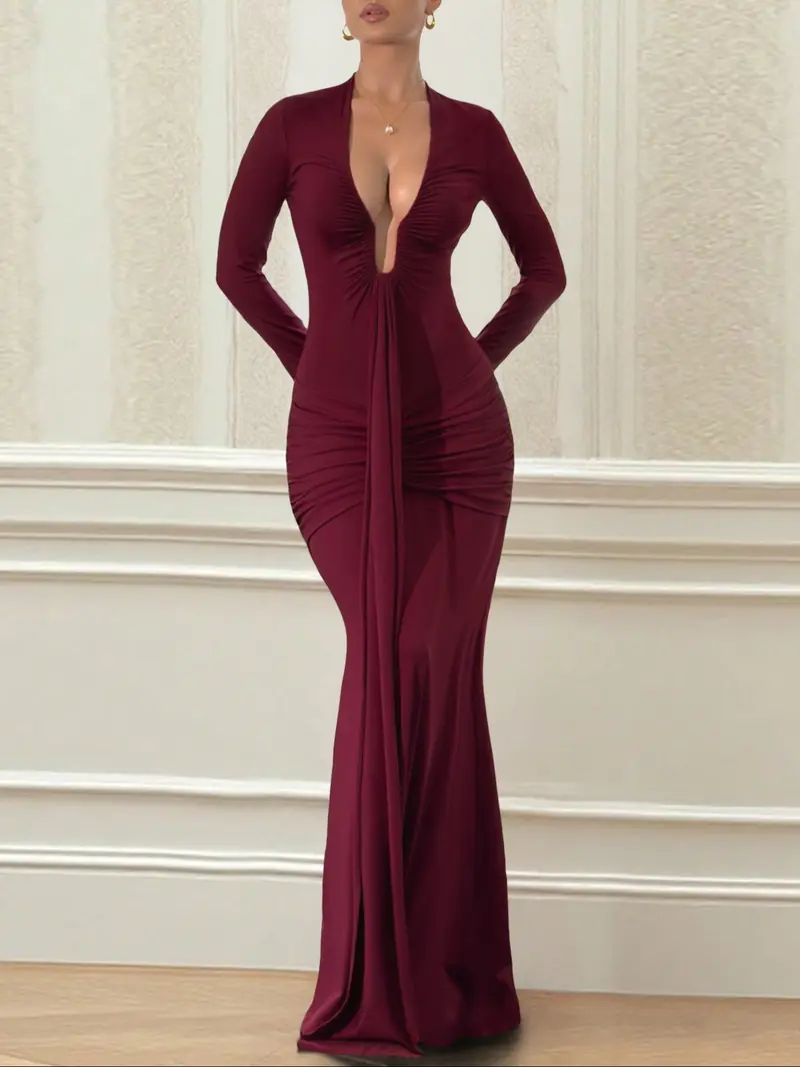 chinese dress ladies Plus Size Dress for Women Long Sleeve Crew Neck Side Slit Ruched Bodycon  Dresses main image 0