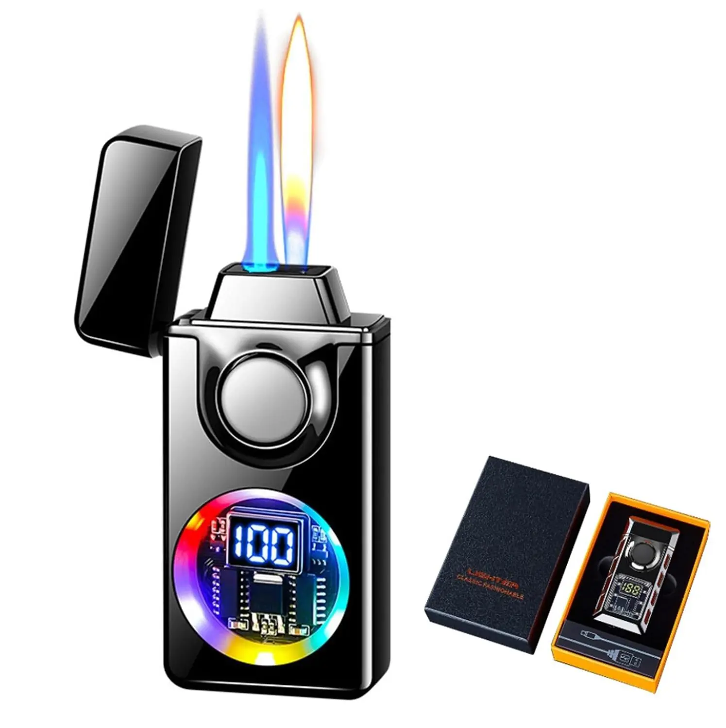Father's Day Gift Voice-Activated Lighter Double Jet Flame Windproof Metal Lighter with Smart Power LED Indicator Adjustable Gas Refillable Cool Gadget for Men Cooking Camping Outdoor Camping