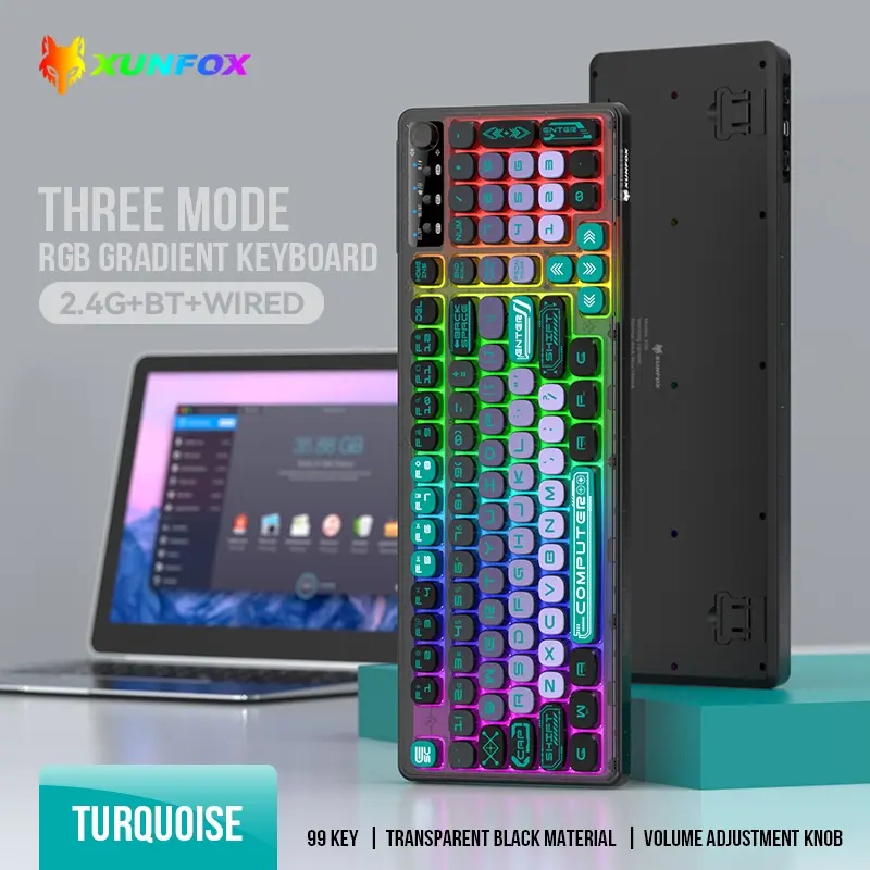 Xunsvfox K98 Bluetooth-compatible Wireless Pc Gaming Keyboard, 99 Key Gradient Keycaps, Three Mode RGB Lighting Effects, Esports Gaming Office Use, Tri Mode Keyboard