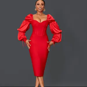 Ladies Ruffle Bandage Dress -Color with Puff Sleeves and Corset Style Design