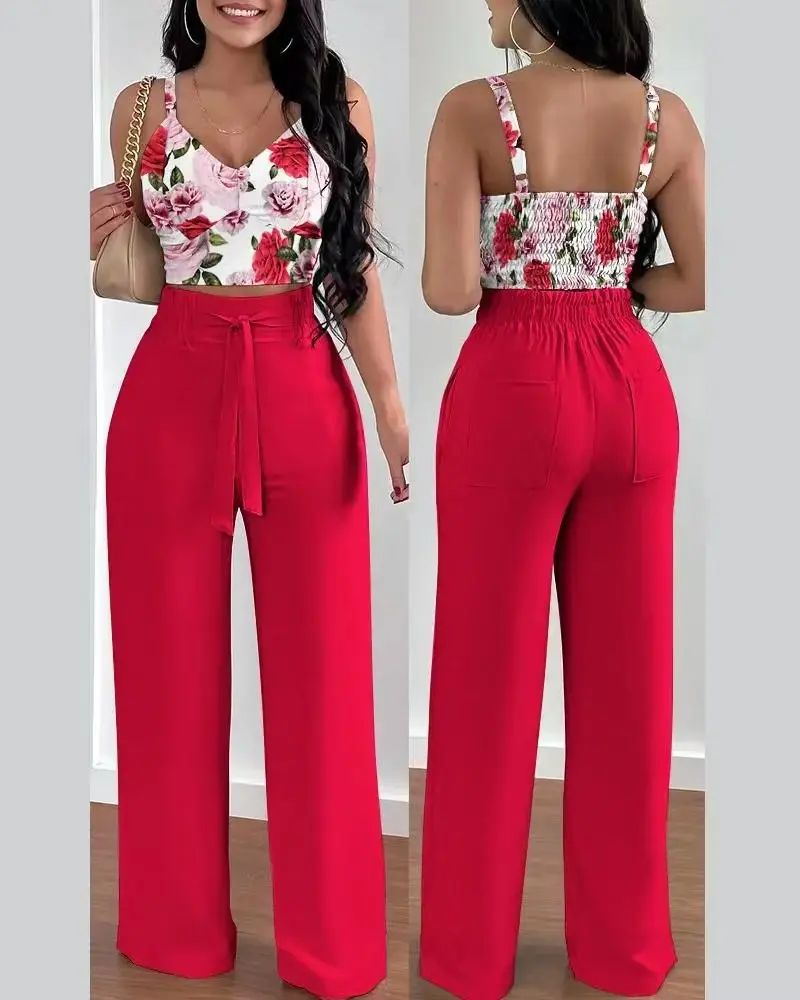 Women's 2-Piece Red Floral Sleeveless Top & Wide Leg Pants Set - Stylish, Chic, Fashionable Casual Loungewear Suit, Loose-Fit, Comfortable Polyester Fabric, Machine Washable, Style