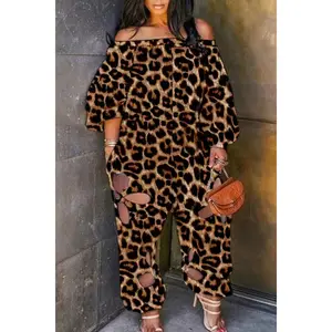 Leopard Print Plus Size Cut Out Off Shoulder Jumpsuits