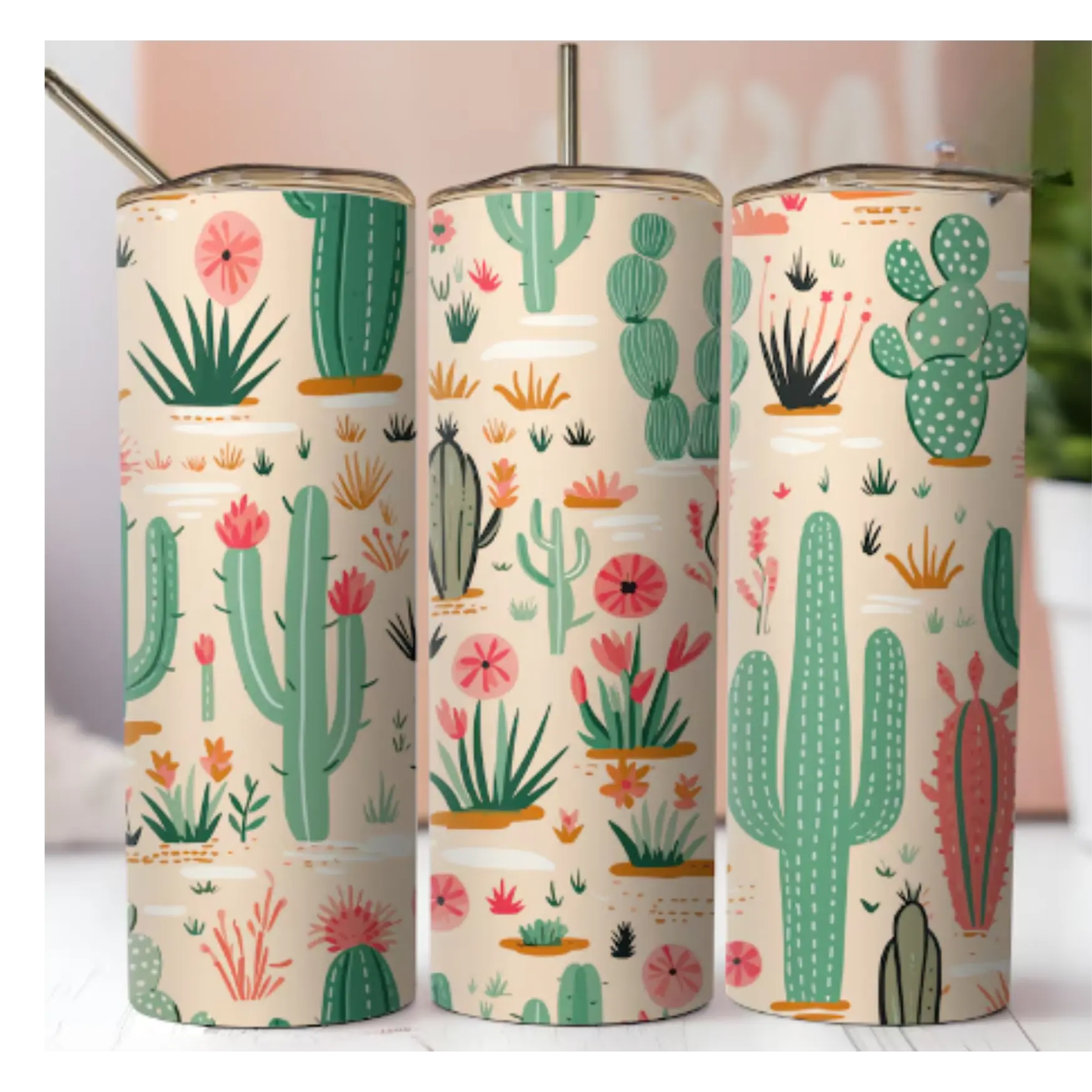 Cactus 20oz stainless steel tumbler with lid and straw