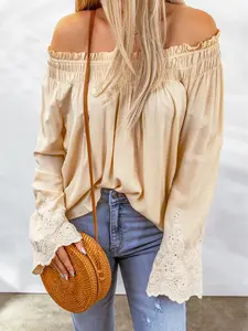 Apricot Lace Keyhole Crochet Shirred Off Shoulder Blouse