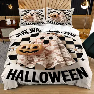 Halloween White Series Ghost Duvet Cover, Includes Duvet Cover & Pillowcase, Plaid Pumpkin Design Bedding Set, Perfect for Holiday or Daily Use
