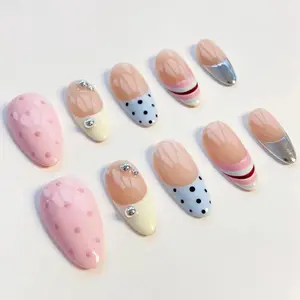 Pink polka dot nails/press on nails long almond nails/Elegant nails/3D silver chrome nails/Colorful striped nails/Birthday nails/Custom nail
