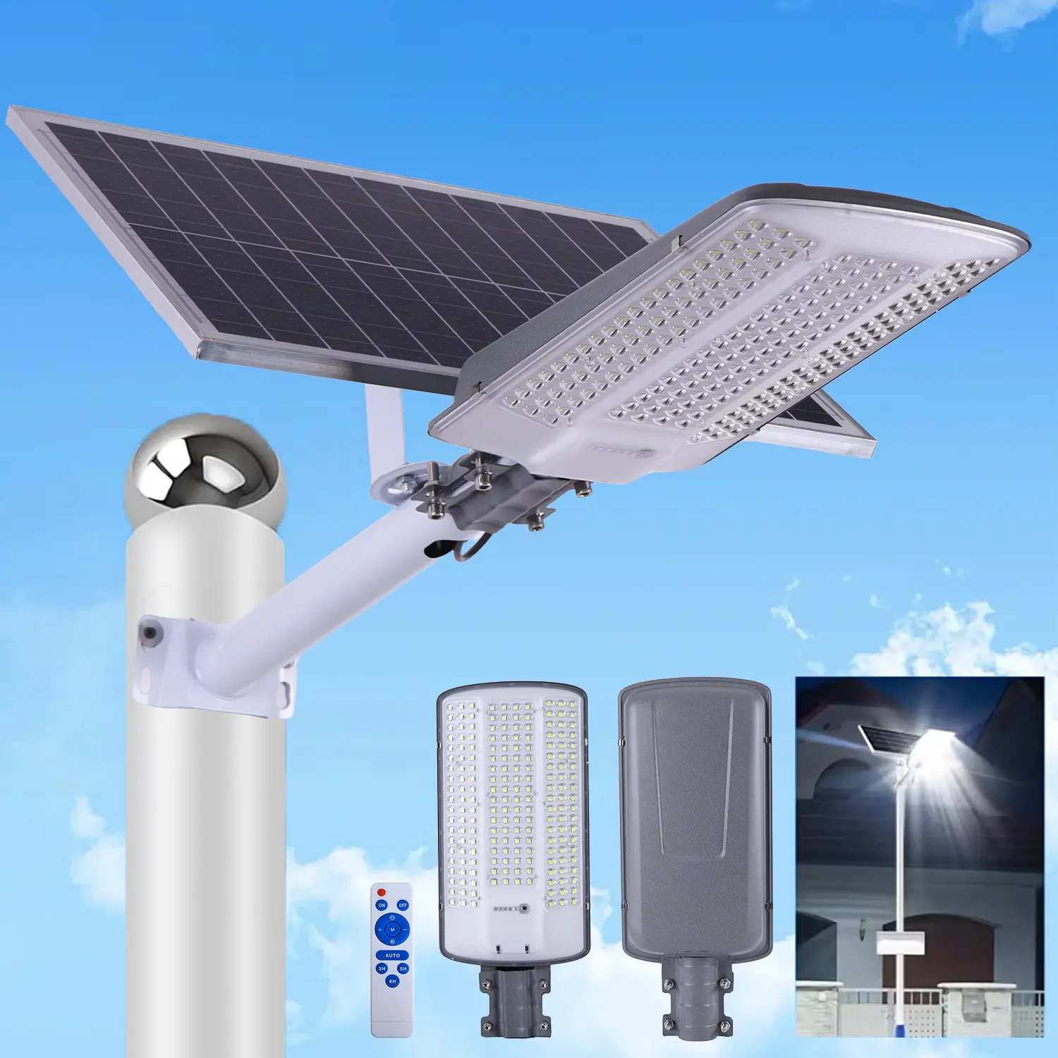 Outdoor LED Solar Street Light, Dusk to Dawn Waterproof Security Flood Light with Remote & Mounting Pole, Wireless Solar Lamp for Yard Parking Lot Street Garden Garage
