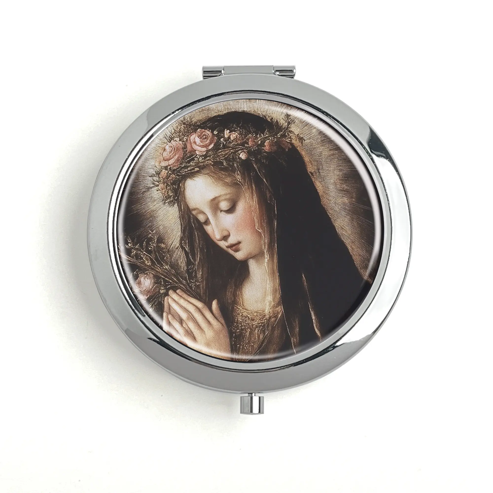 Novelty Polished Metal Pill Box - Serene Virgin Mary with Roses Painting, Compact Travel Vitamin Organizer, Includes a Makeup Mirror, 60mm Inner Diameter, Great Gift Option