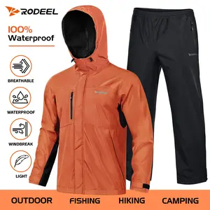 【RODEEL】719 Waterproof Jacket and Pants Set Men Lightweight Breathable Full Zip Hooded Rain Coat Durable Rain Suit Weatherproof Rainwear Windbreaker For Outdoor Sports Hiking Camping Fishing Construction Roofing Landscaping Gardening, Holiday Gift