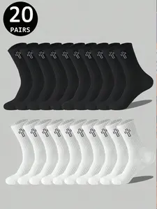 Cross Stitch Pattern Crew Socks, Unisex, Comfortable and Breathable, Suitable for All Seasons, 20 Pairs Bulk Pack