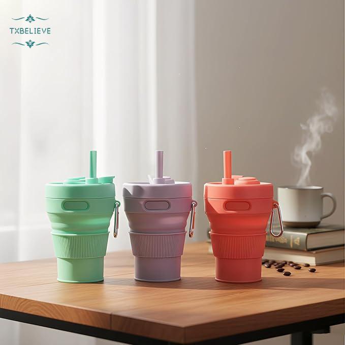 Silicone Coffee Mug Collapsible Cups for Camping Folding Travel with Straw Reusable Portable Drinking Cups Outdoor Hiking 450ml (Green-450ml, 1)