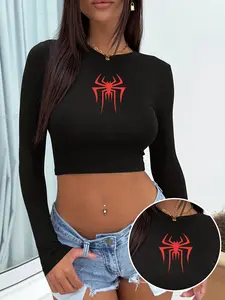 Spider Print Y2K Sweet Cool Slim-Fit Long Sleeve T-Shirt, Casual Fashion for All Seasons, Comfortable and