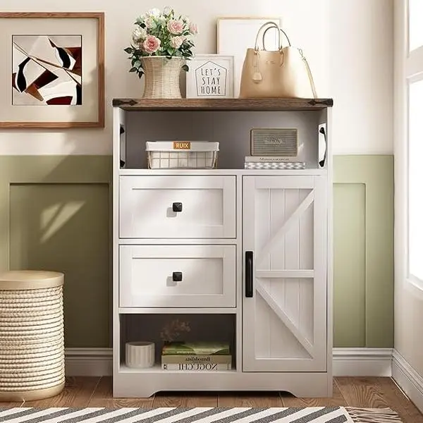 [tiktokshopbacktoschool] Vabches Farmhouse Style Engineered Wood Storage Cabinet - 2 Drawers, Adjustable Shelf, Doors & Open Storage, Freestanding Furniture for Living Room, Bathroom, Pantry Cabinet