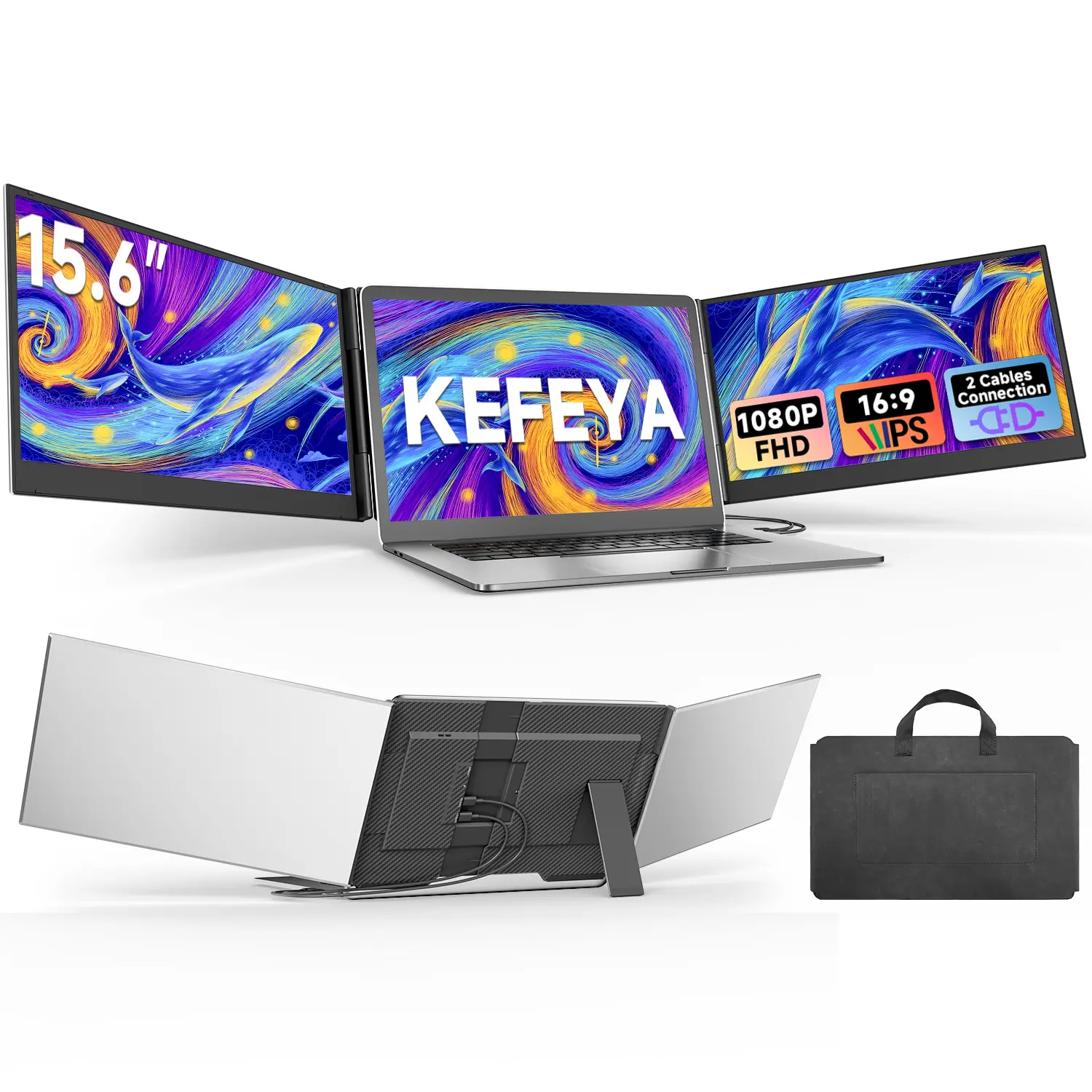 KEFEYA Laptop Screen Extender 15.6", FHD 1080P Portable Triple Monitor for Laptops 13-17.3", 0.16" Ultra-Thin ultra-slim Dual Laptop Monitor Extender for Windows/Mac/Dex/Chrome/Surface
