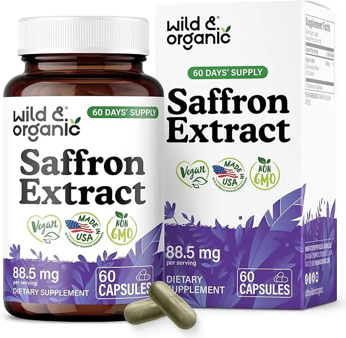 Wild & Organic's Saffron Capsules – 88.5 mg Saffron Extract – Supports Mood, Focus & Eye Health – Crocus Sativus – Vegan Supplement – 60 Capsules
