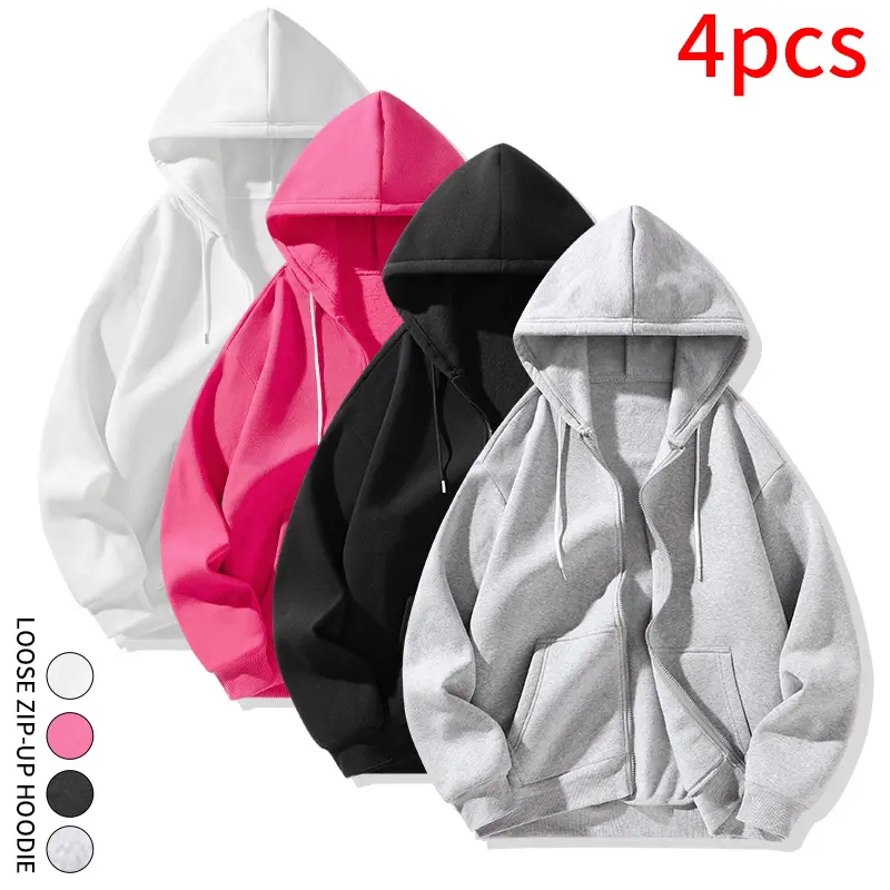 4Pcs Basic Multi‑Color Unisex Zip‑Up Hoodie Loose Oversized Hooded Jacket for School Daily Casual Street Aesthetic Look