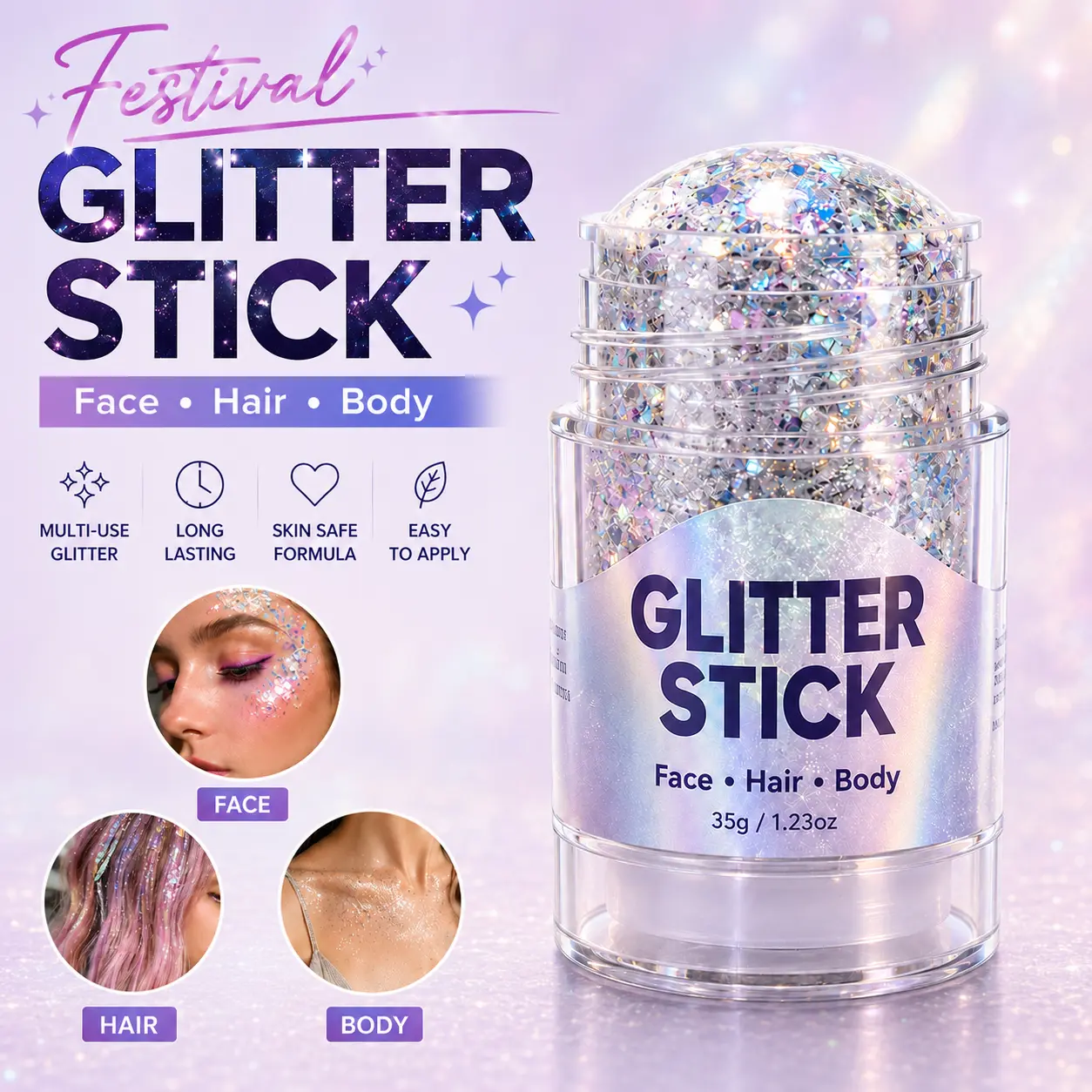 4th of July Glitter Stick – Body Painting Pomade – Party Glitter for Face and Body – Large Glitter Gel – Long Lasting Shine – Suitable for Festivals, Anniversaries, Carnivals, Disco