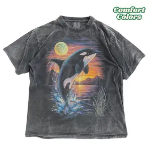 Orca Midnight Vintage Style Graphic Shirt, Retro Ocean Comfort Colors Orca Shirt, Moonlight Ocean Lightning Tee,90s Marine Life Graphic Top