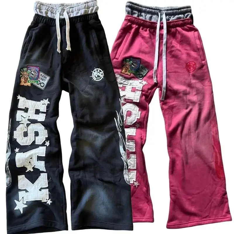 2025 New American Letter Patch Retro Double Layer Design Y2K Pants Baggy Sweatpants Men Hip Hop Gothic Elastic Waist Joggin★★★★