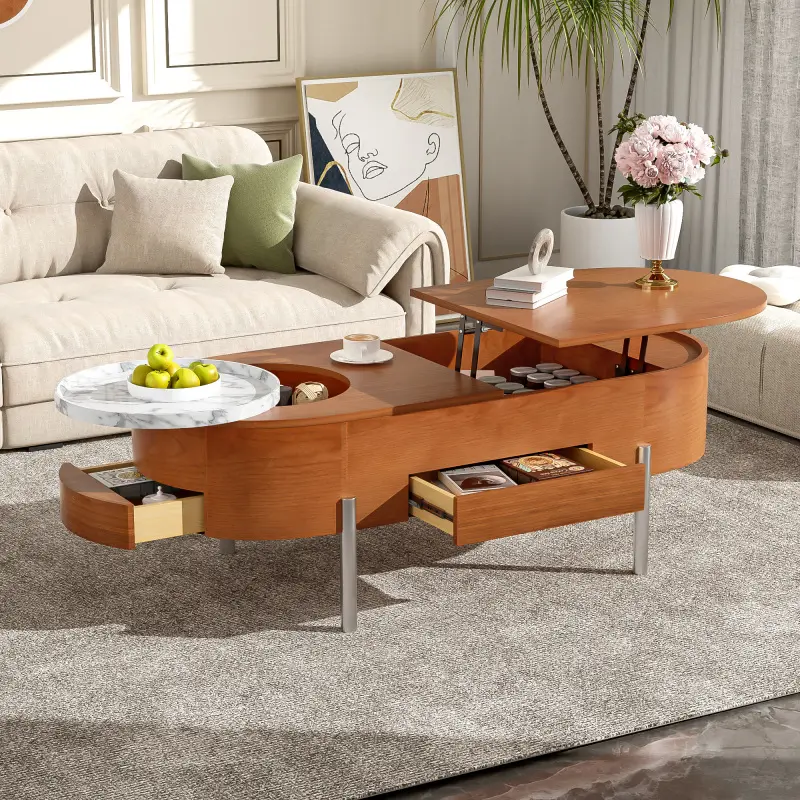 [SOIYELIFE] U-Can 47.2''Lift Top Coffee Tab with 360-degree Marb-patterned rotating tray,Hidden Compartment, Partially Assembd Wooden Center Tab, Modern Oval Lift Tabtop for Living Room unique  dining  table