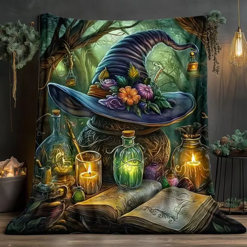 1pc Witch on Books Magical Throw Blanket - Lightweight Flannel Witch with Books & Potion Bottles Design in Green, Purple, Golden - All-Season Sofa, Bed, Camping, Office Decor - Perfect Halloween, Birthday,