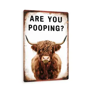 Funny Vintage "Are You Pooping?"Cow Sign – Rustic Bathroom Decor – 8"x 12" Metal Wall Art With Shaggy Cow Photo
