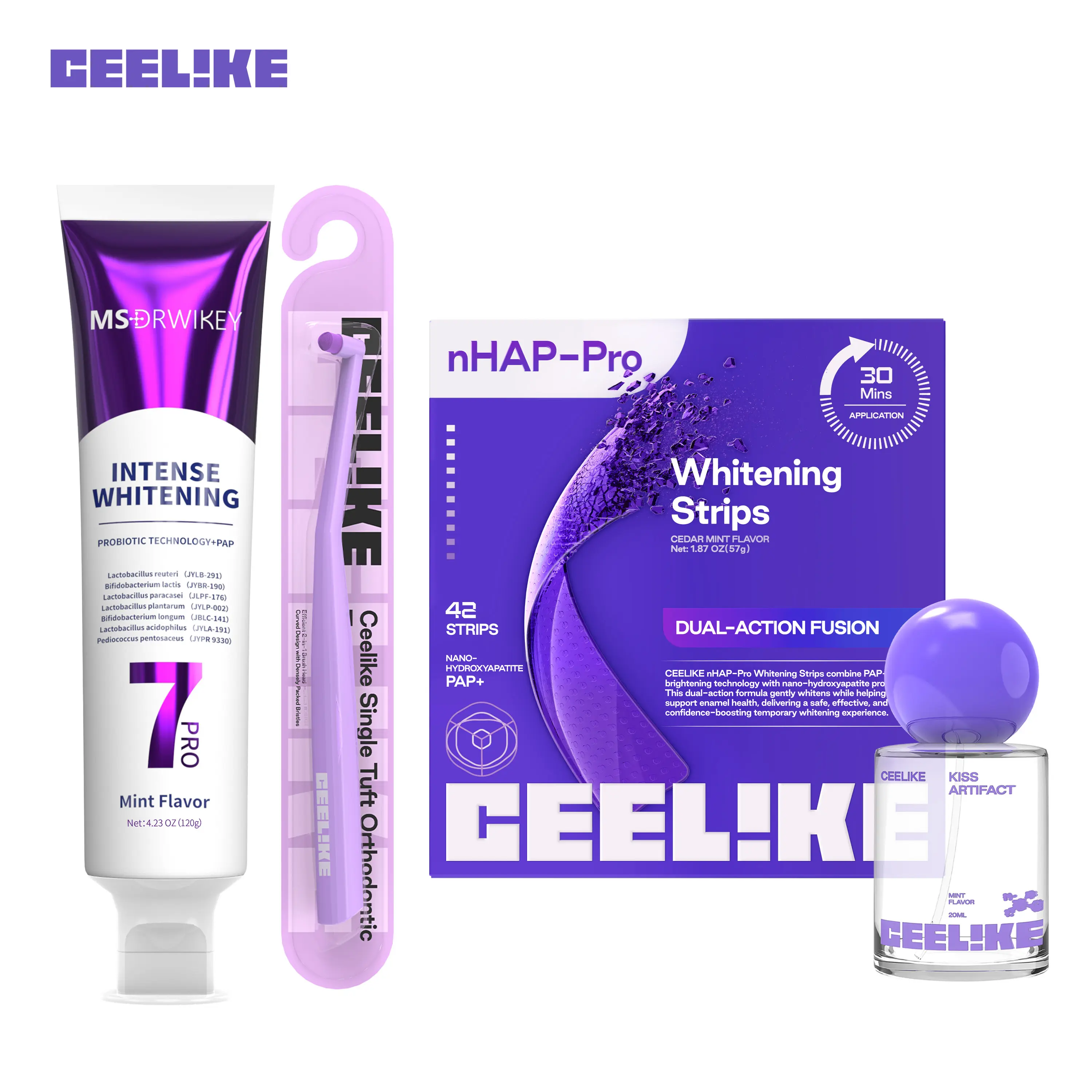 CEELIKE Teeth Whitening Kit (42 Strips / 21 Sessions) with Toothpaste, Oral Spray & Toothbrush | Complete At-Home Brightening · Deep Clean