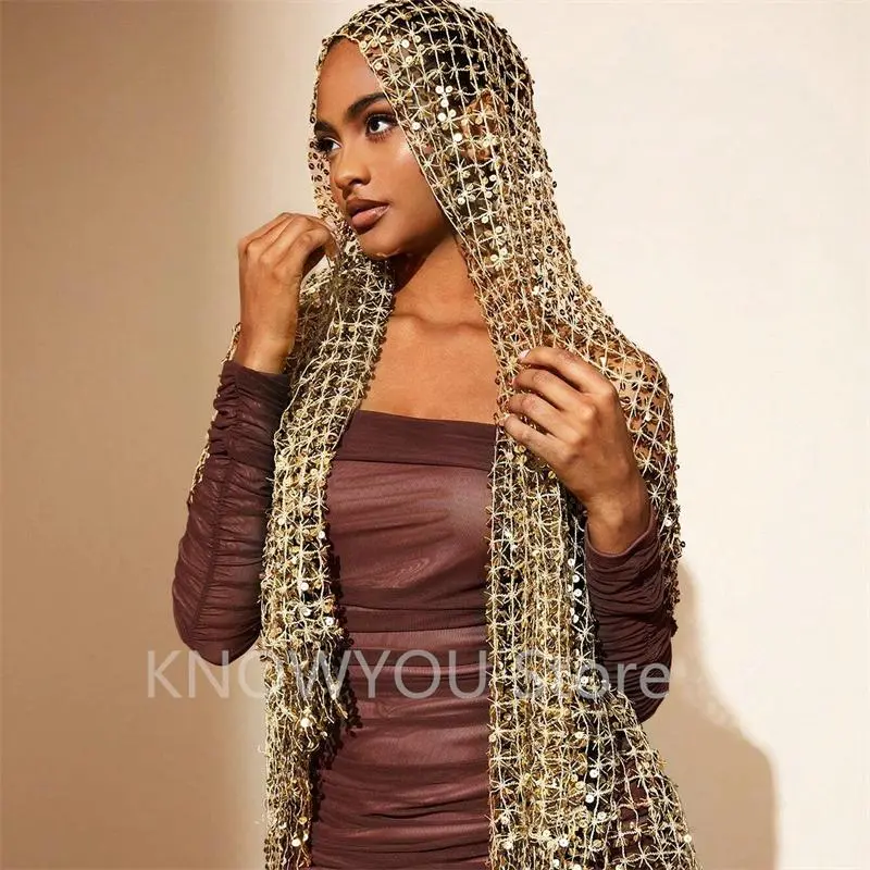 Vintage Golden Sparkle Fringe Scarf Party Shawl Women Luxury Headscarf Sequin Deco Wraps Fringed Bride Bridesmaid Wedding Cape
