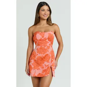 Brailey Mini Dress - Strapless Dress in Orange Jacquard