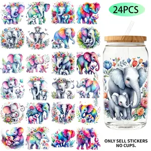 UV DTF Transfer Stickers - 24 Pieces/Set Elephant Mother And Baby Theme UV DTF 16OZ DIY Transfer Stickers Suitable For 16 Oz Water Bottle Glass Jar Laptop Computer Home Decor DIY High Viscosity Transfer Paper