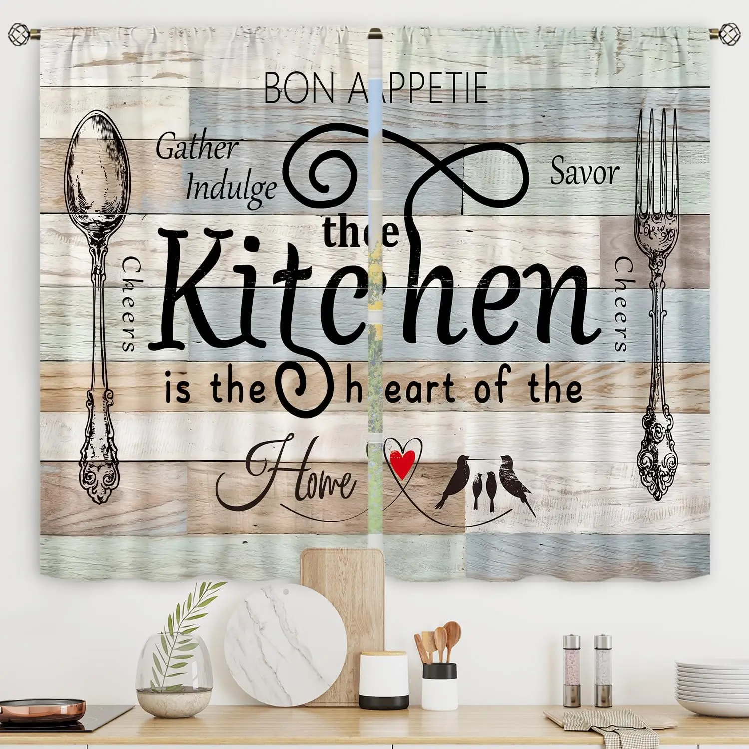 Teal Turquoise Rod Pocket Art Print Cafe Curtains - 2 Panels (27.5Wx39H in) with Rustic Wooden Board, Farmhouse Fork and Spoon, Retro Vintage Funny Quotes Patterns, Wrinkle Resistant Fabric for Kitchen, Bistro