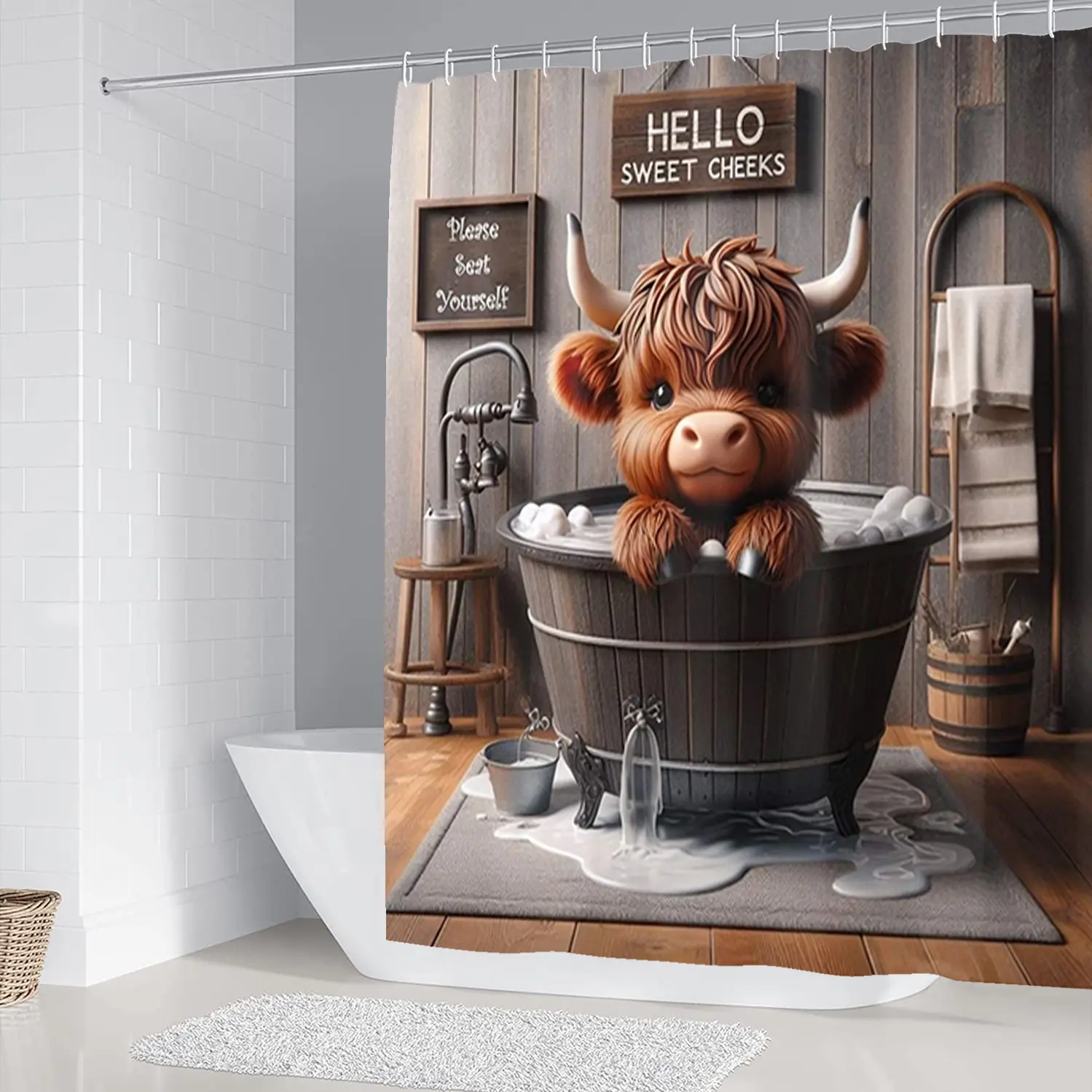 1/4 piece high ground cow pattern, set includes shower curtain, toilet seat cushion, bathroom cushion and toilet lid cover, elegant bathroom decoration accessories, with 12 hooks, optional single shower curtain, waterproof partition curtain