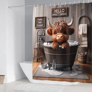 1/4 piece high ground cow pattern, set includes shower curtain, toilet seat cushion, bathroom cushion and toilet lid cover, elegant bathroom decoration accessories, with 12 hooks, optional single shower curtain, waterproof partition curtain