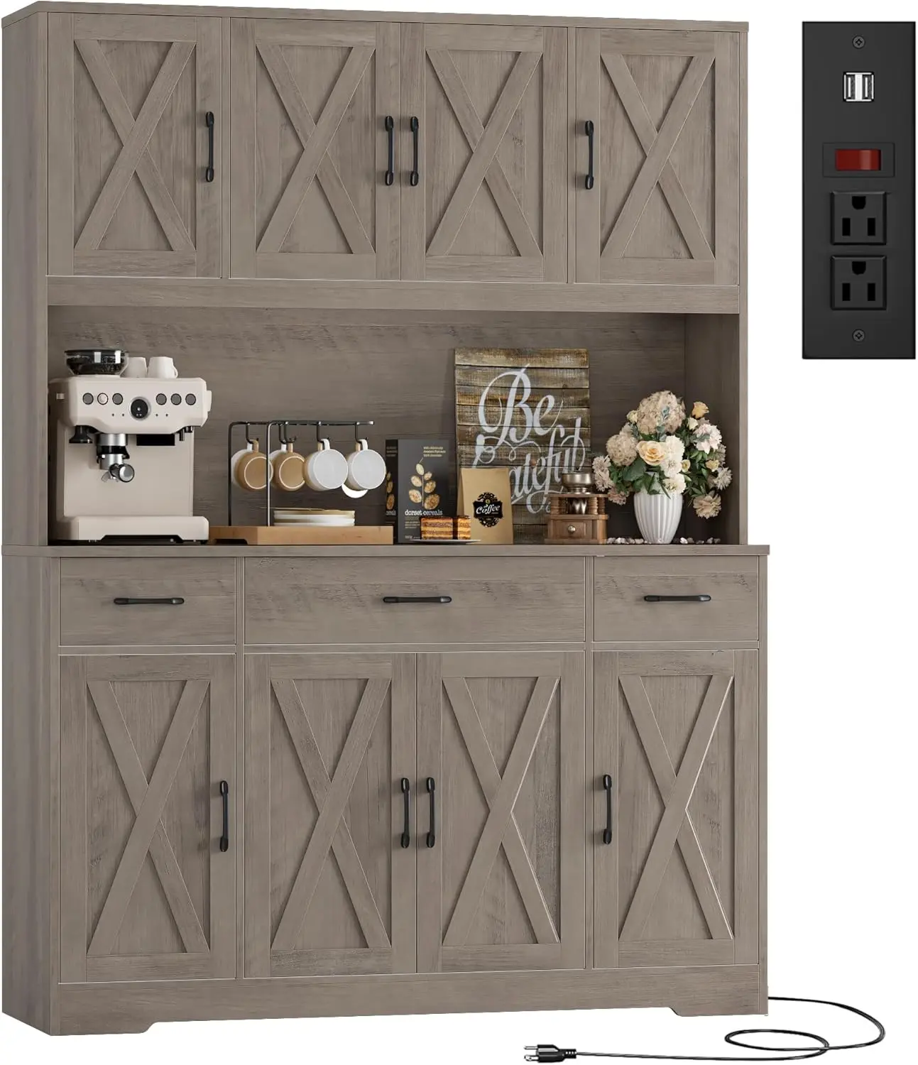 71" Tall MDF Wood Pantry Cabinet with Charging Port & Station, 55" Wide Modern Farmhouse Decor Kitchen Hutch with Countertop, Drawers & Microwave Stand for Dining Room Ac Farmhouse Style Home (Ash Grey)
